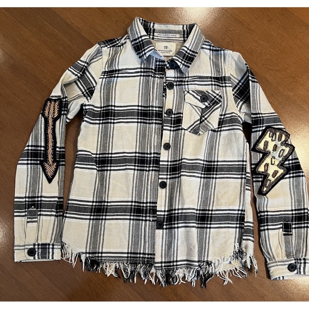 Scotch Soda R'Belle Shirt Girls Sz 8 Plaid Arrow‎ Lightning Beaded Patches Boho